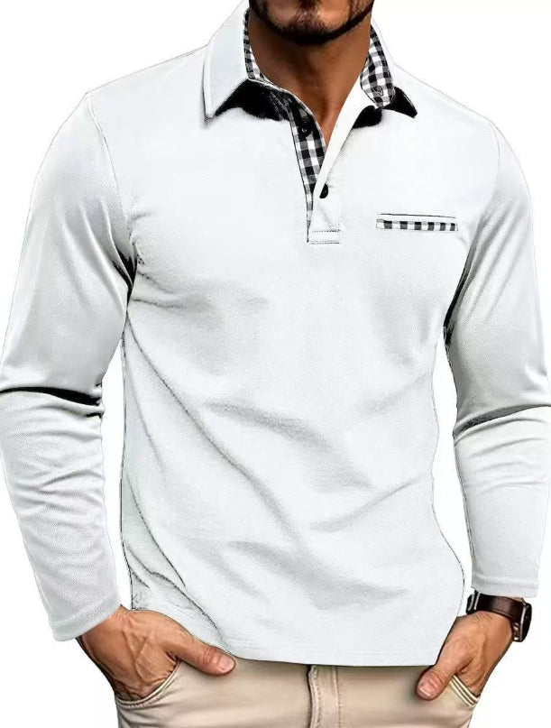 Men's Plaid Splicing Polo Shirt - Long Sleeve Lapel Collar Casual Top