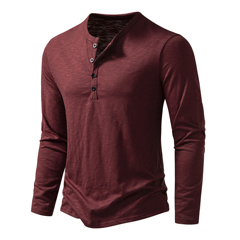 Men's Long Sleeve T-Shirt - Casual Solid Color Pullover with Button Detail