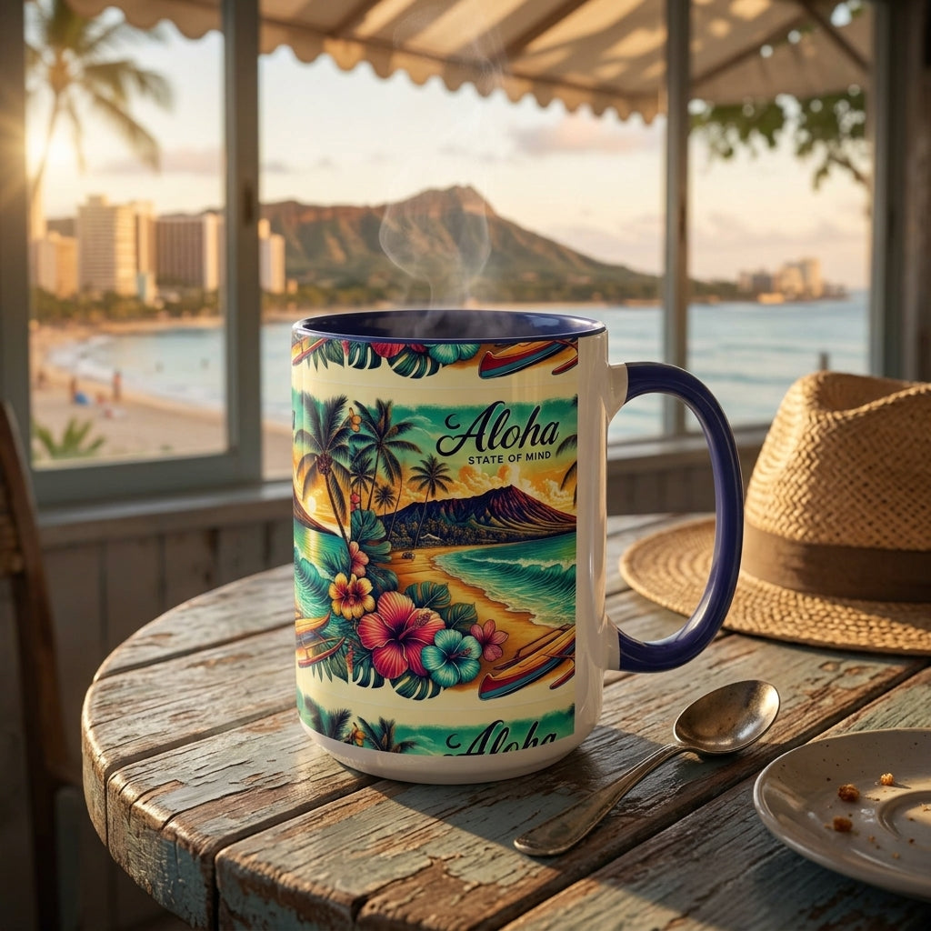 A white ceramic mug with a colorful tropical Hawaii print sits on a rustic wooden table in front of a beach patio setting. The mug features a blue handle and rim, with 'Aloha' text and a scenic graphic.