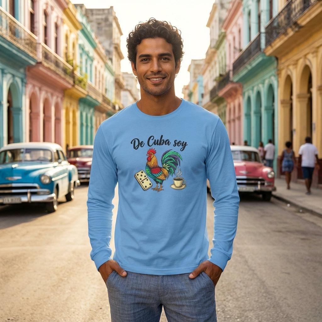 Man wearing a blue long-sleeve shirt with a rooster graphic and text in a colorful street setting.