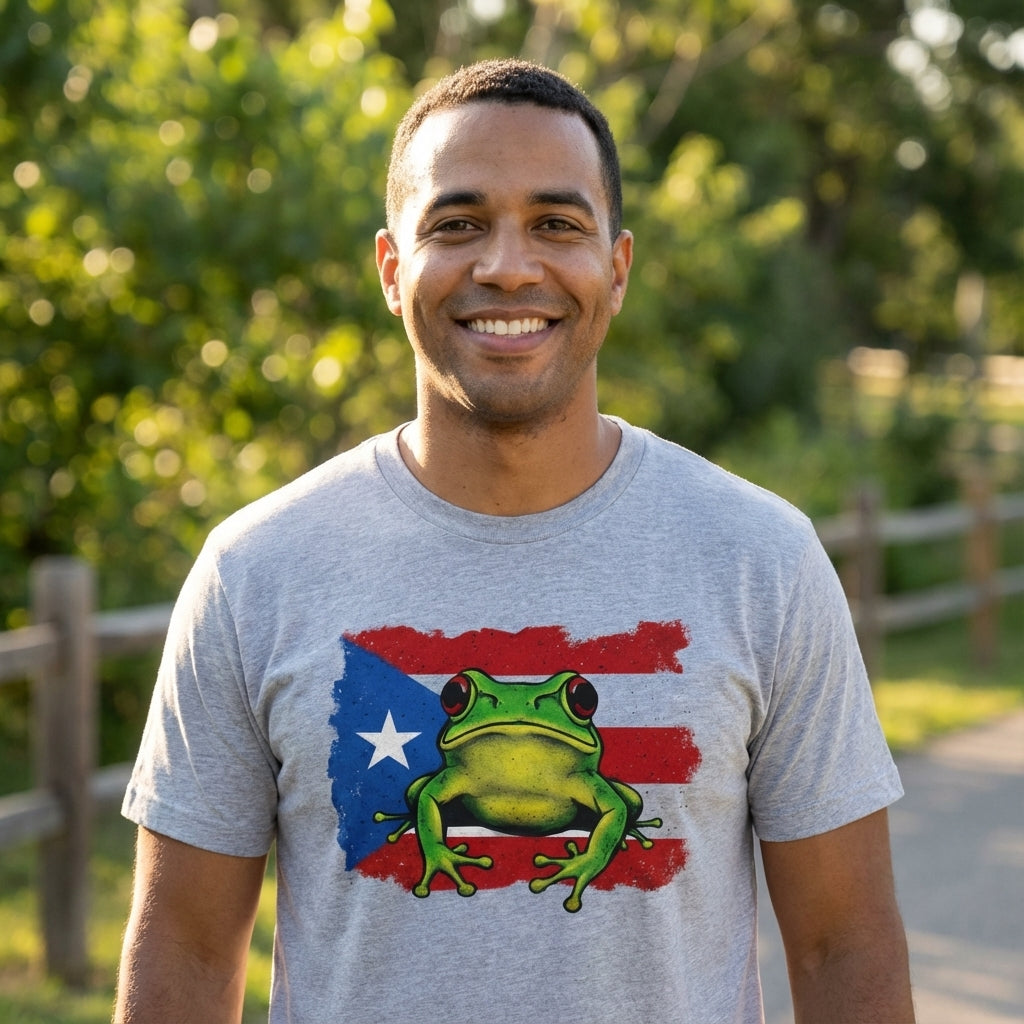 Man wearing a gray t-shirt with a frog and flag design outdoors
