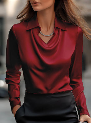 Women's Satin Blouse - Elegant Swing Collar Draped Long Sleeve Office Top
