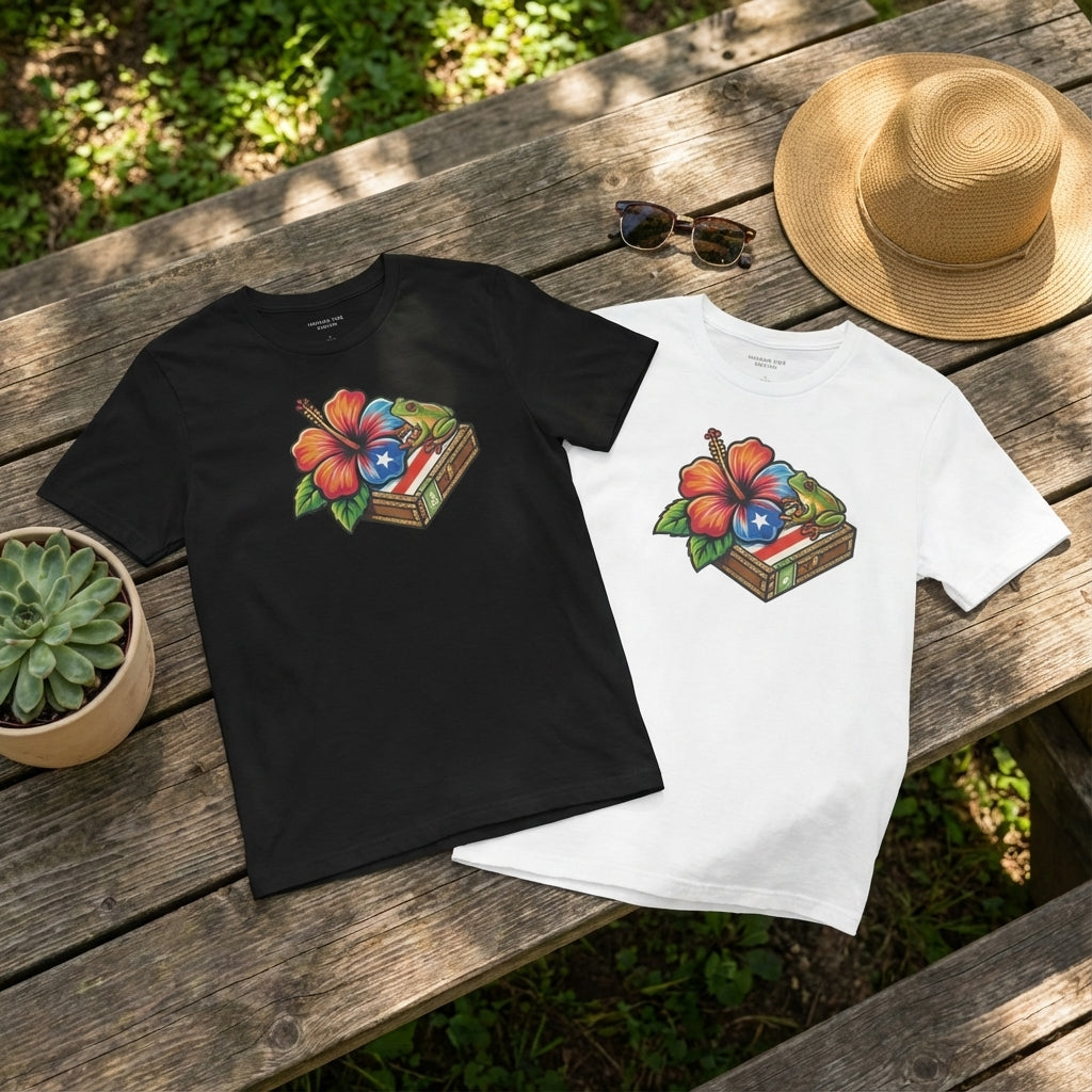 Black and white t-shirts with floral book design on a wooden table outdoors.