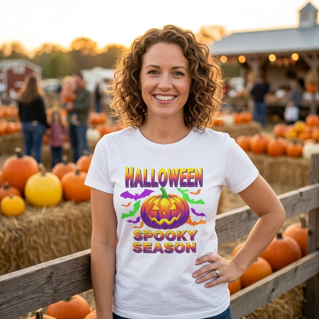 Retro Halloween T-Shirt | Neon Pumpkin & Bats 'Spooky Season' Tee | 80s/90s Style