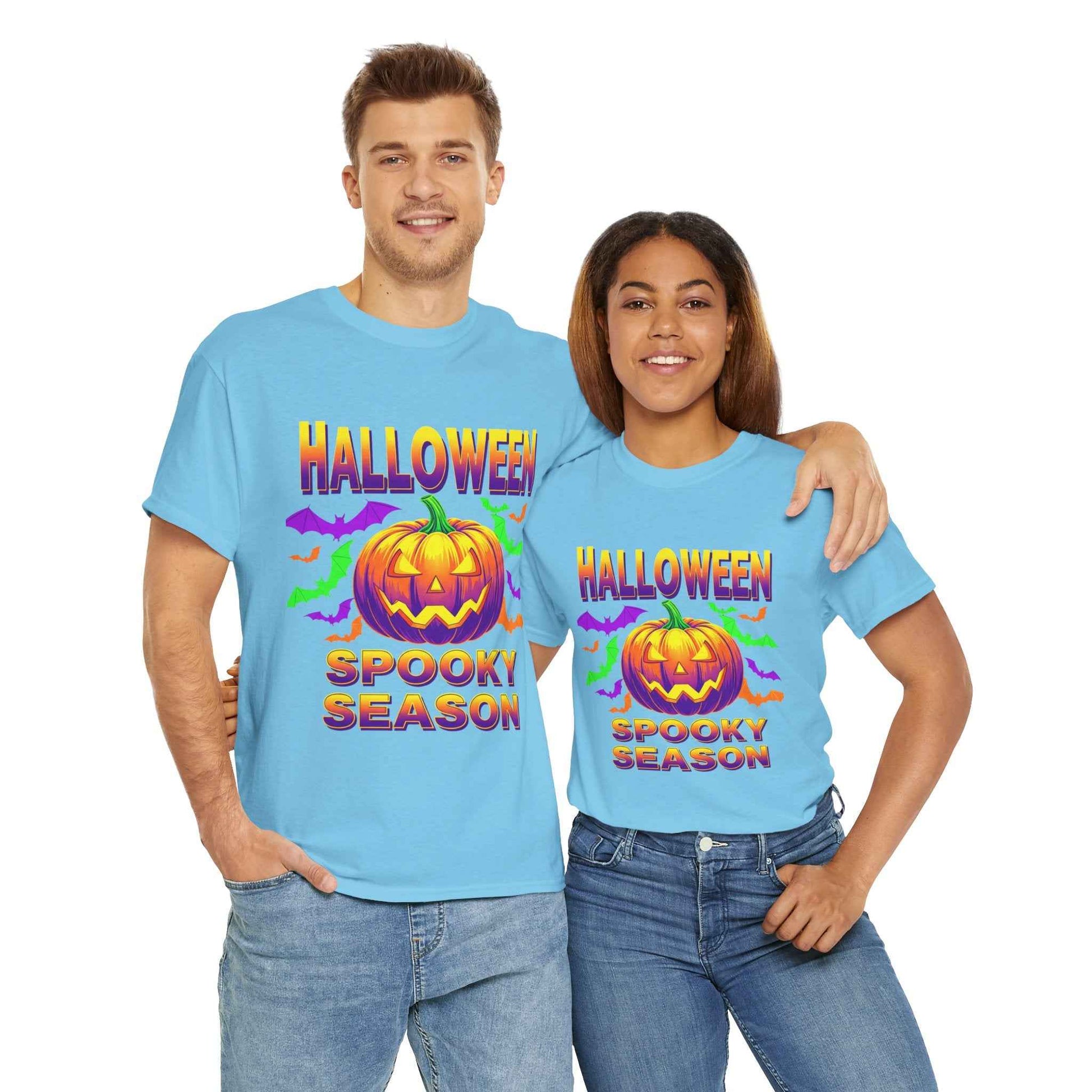 Retro Halloween T-Shirt - Neon Pumpkin & Bats 'Spooky Season' Tee - 80s/90s Style