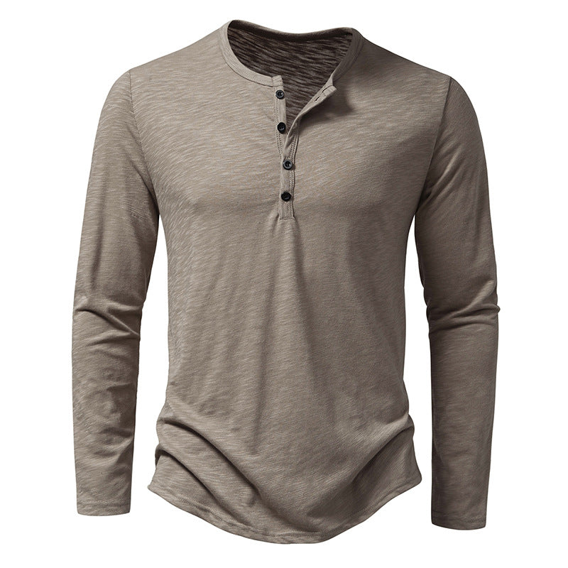 Men's Long Sleeve T-Shirt - Casual Solid Color Pullover with Button Detail
