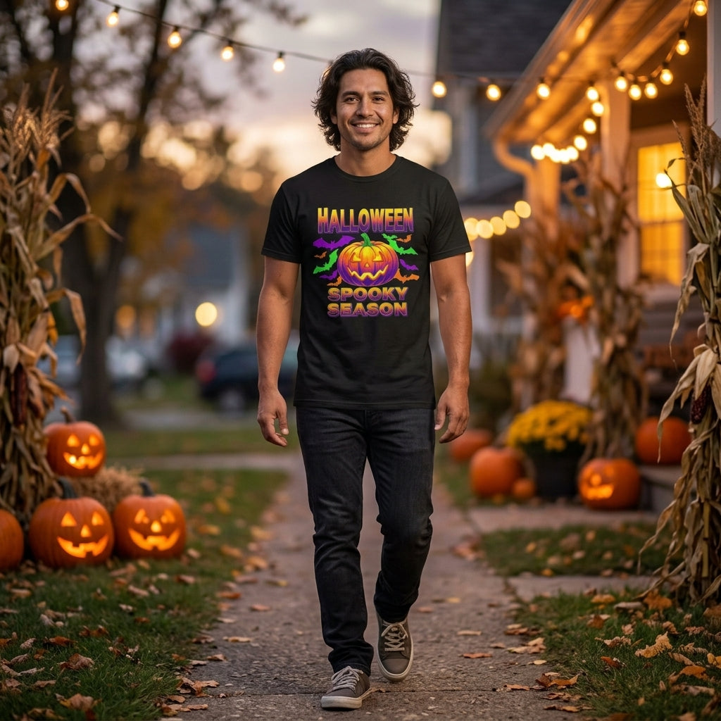 Retro Halloween T-Shirt | Neon Pumpkin & Bats 'Spooky Season' Tee | 80s/90s Style