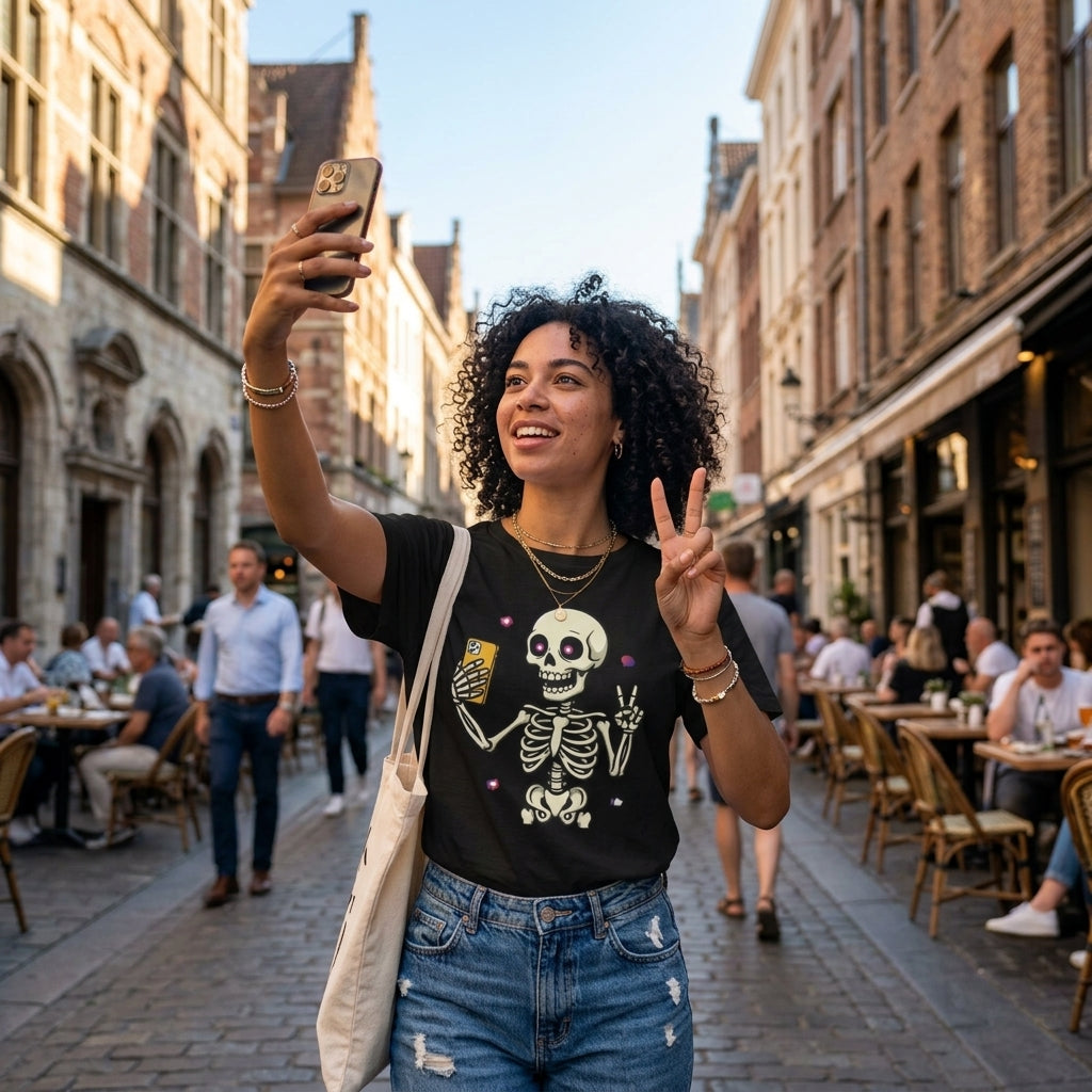 Skeleton Selfie T-Shirt | Funny Spooky Skull Halloween Graphic Tee