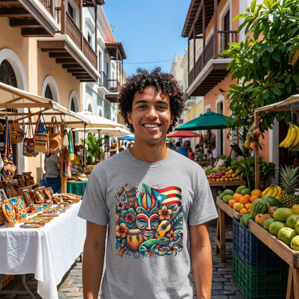 Man wearing a colorful t-shirt in an outdoor market setting