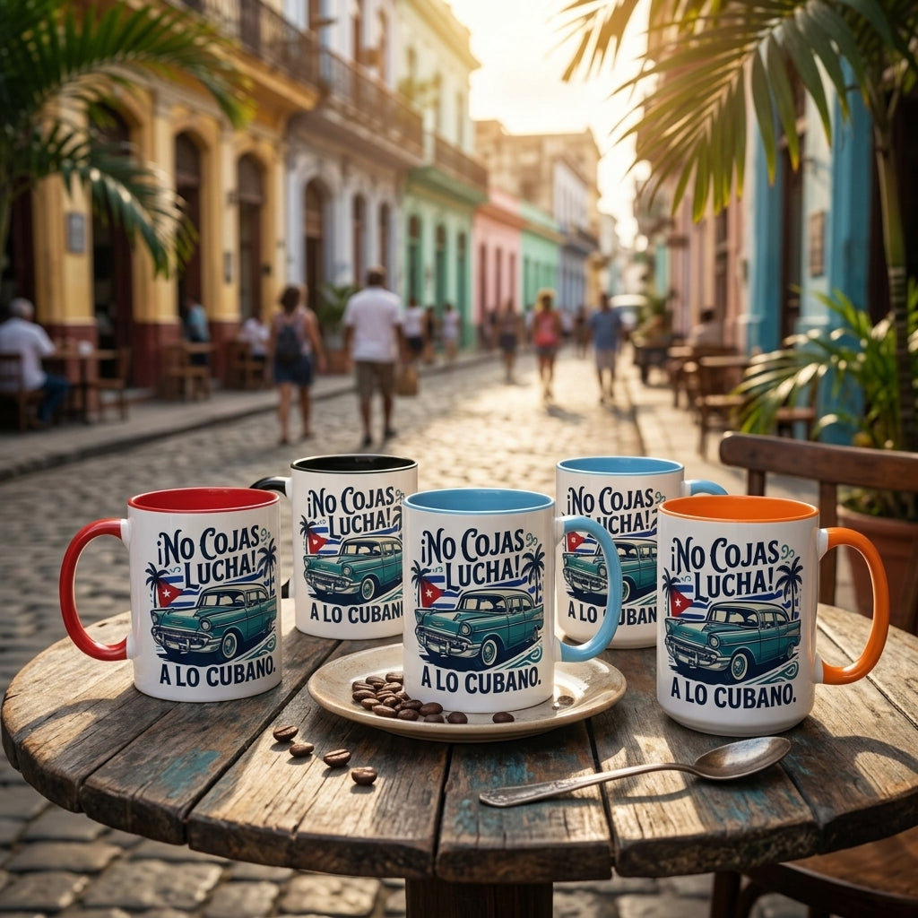 Café mugs with Cuban-themed design on a wooden table in a colorful street setting.