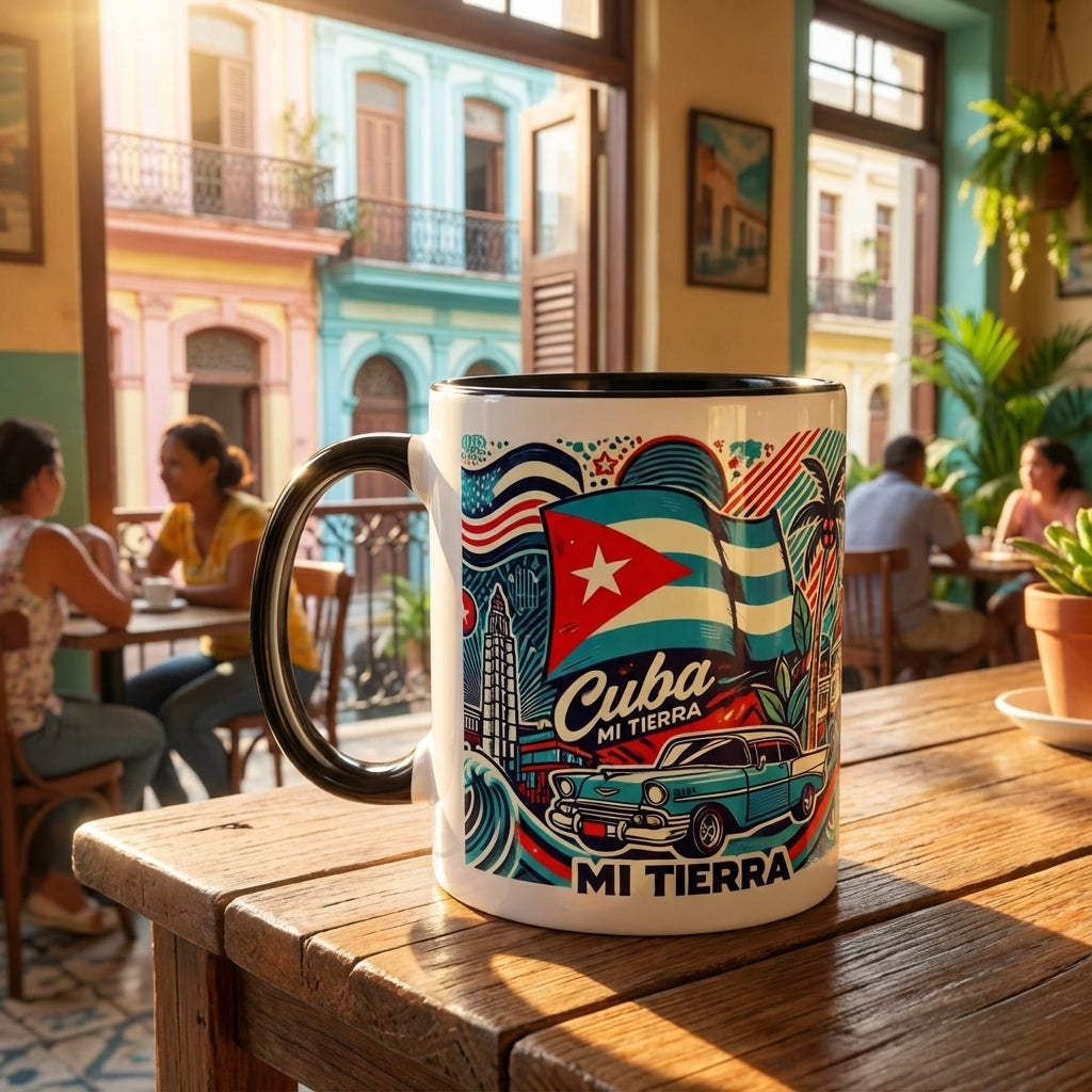 Cuba-themed mug on a table with a colorful street scene in the background