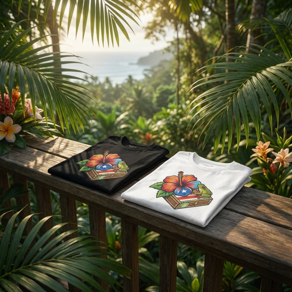 Two t-shirts with floral designs on a wooden table in a tropical setting.