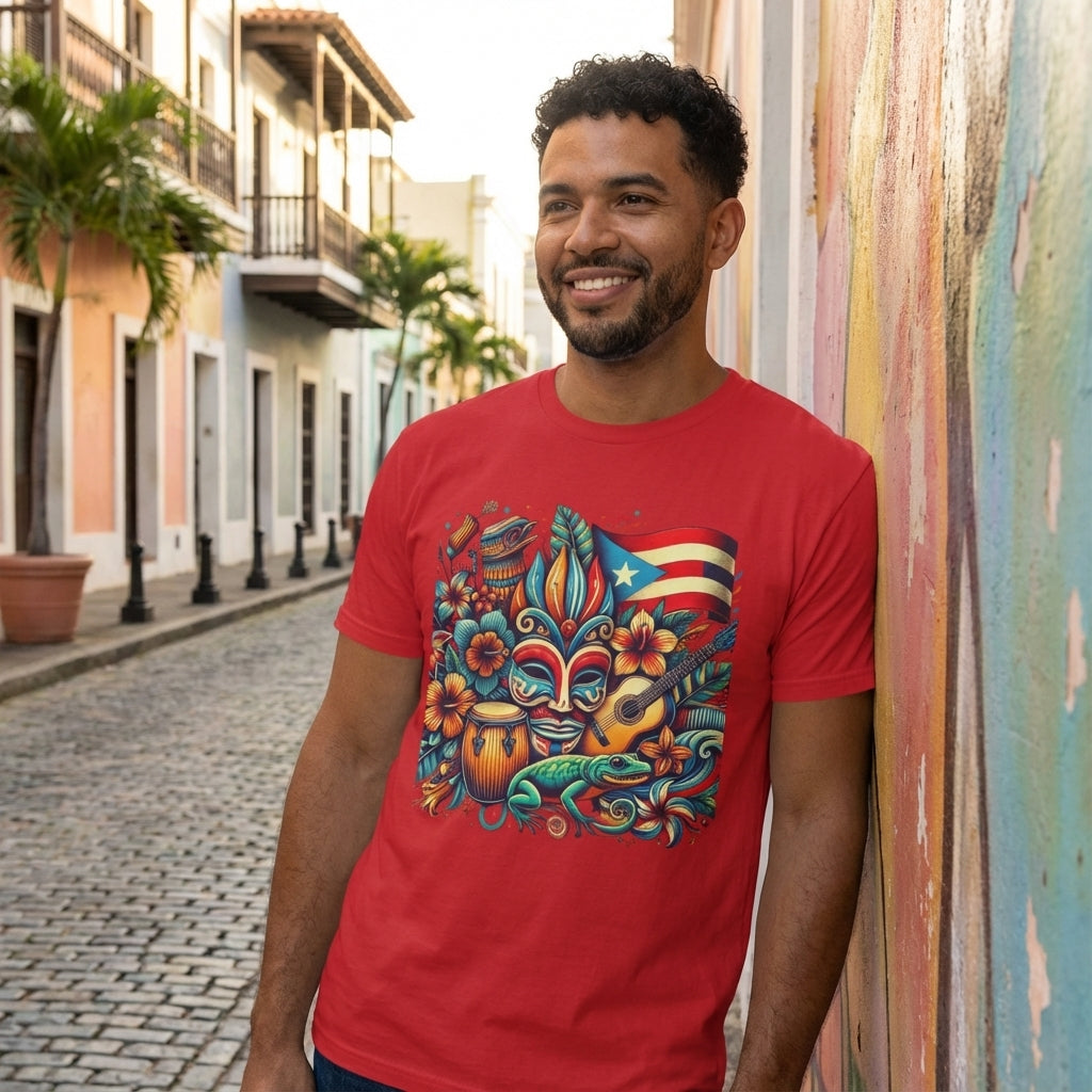 Man wearing a red t-shirt with a colorful design, standing on a street.