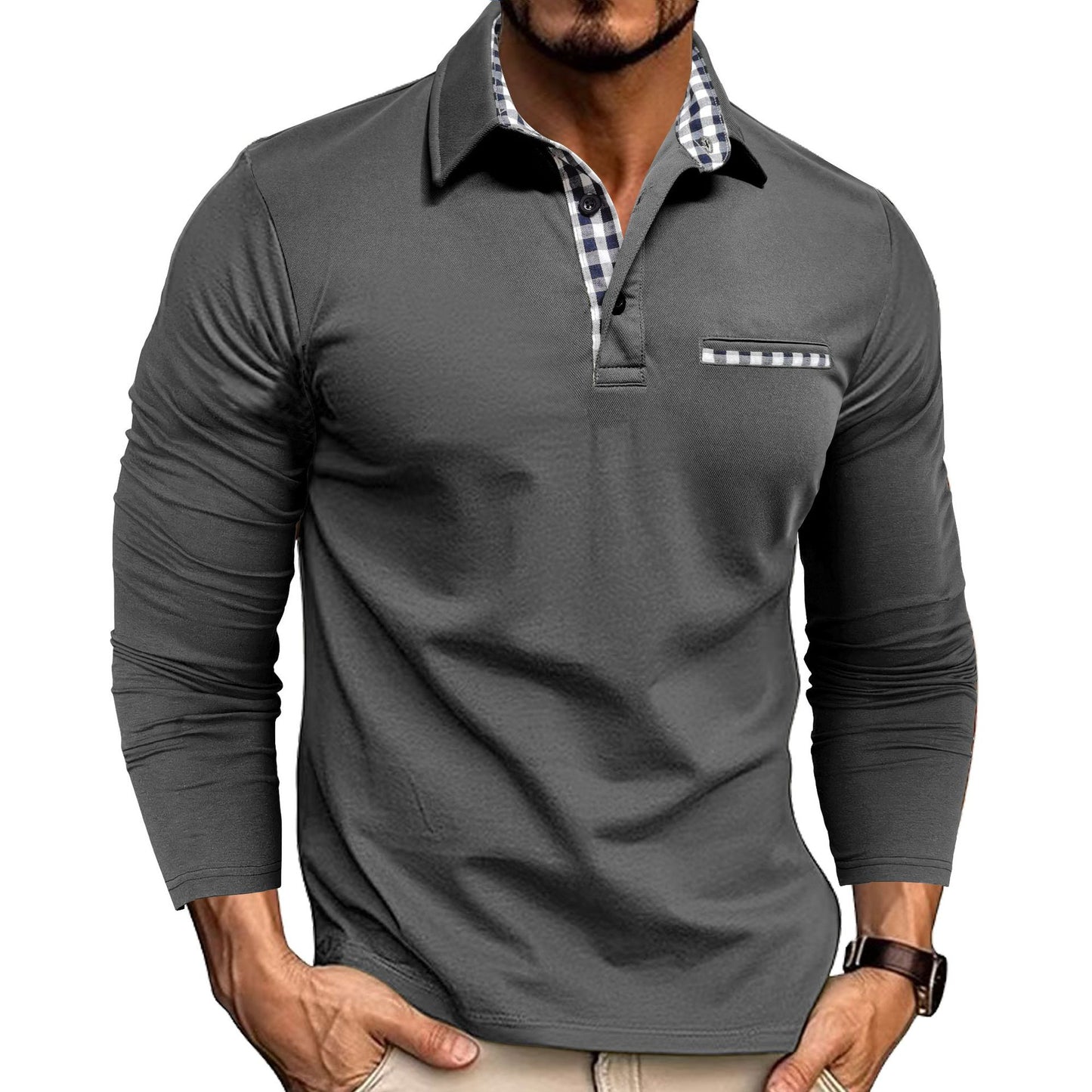 Men's Plaid Splicing Polo Shirt - Long Sleeve Lapel Collar Casual Top
