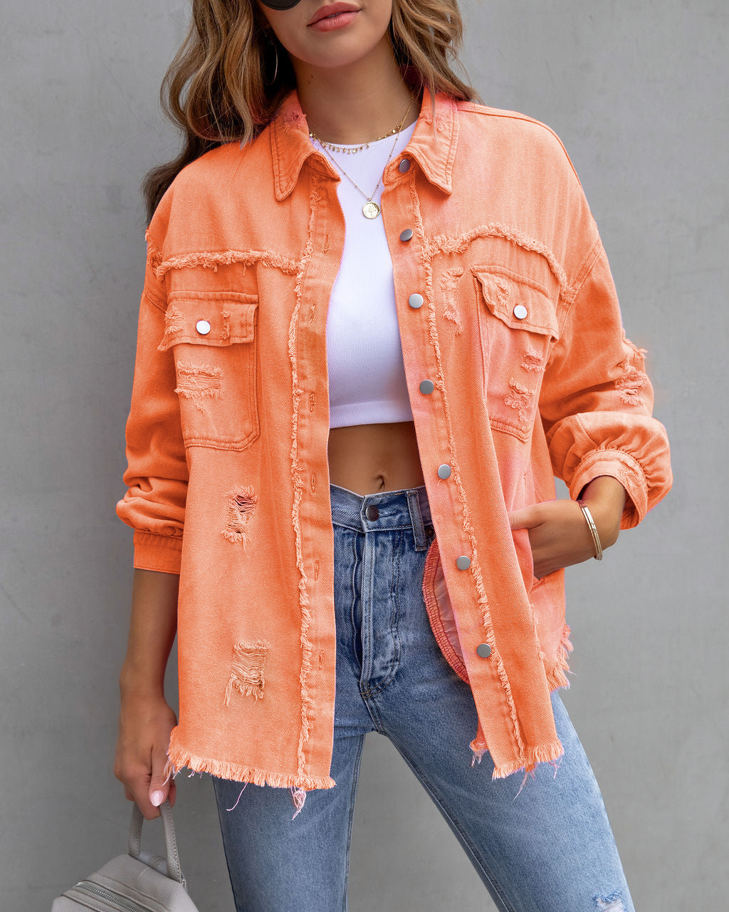 Women's Ripped Denim Shirt Jacket - Casual Loose Fit Long Sleeve Coat