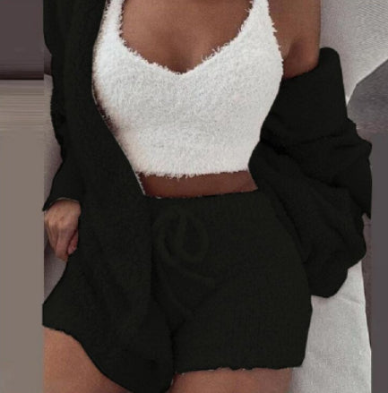 3-Piece Velvet Pajama Set for Women - Crop Top, Long Sleeve & Shorts Loungewear