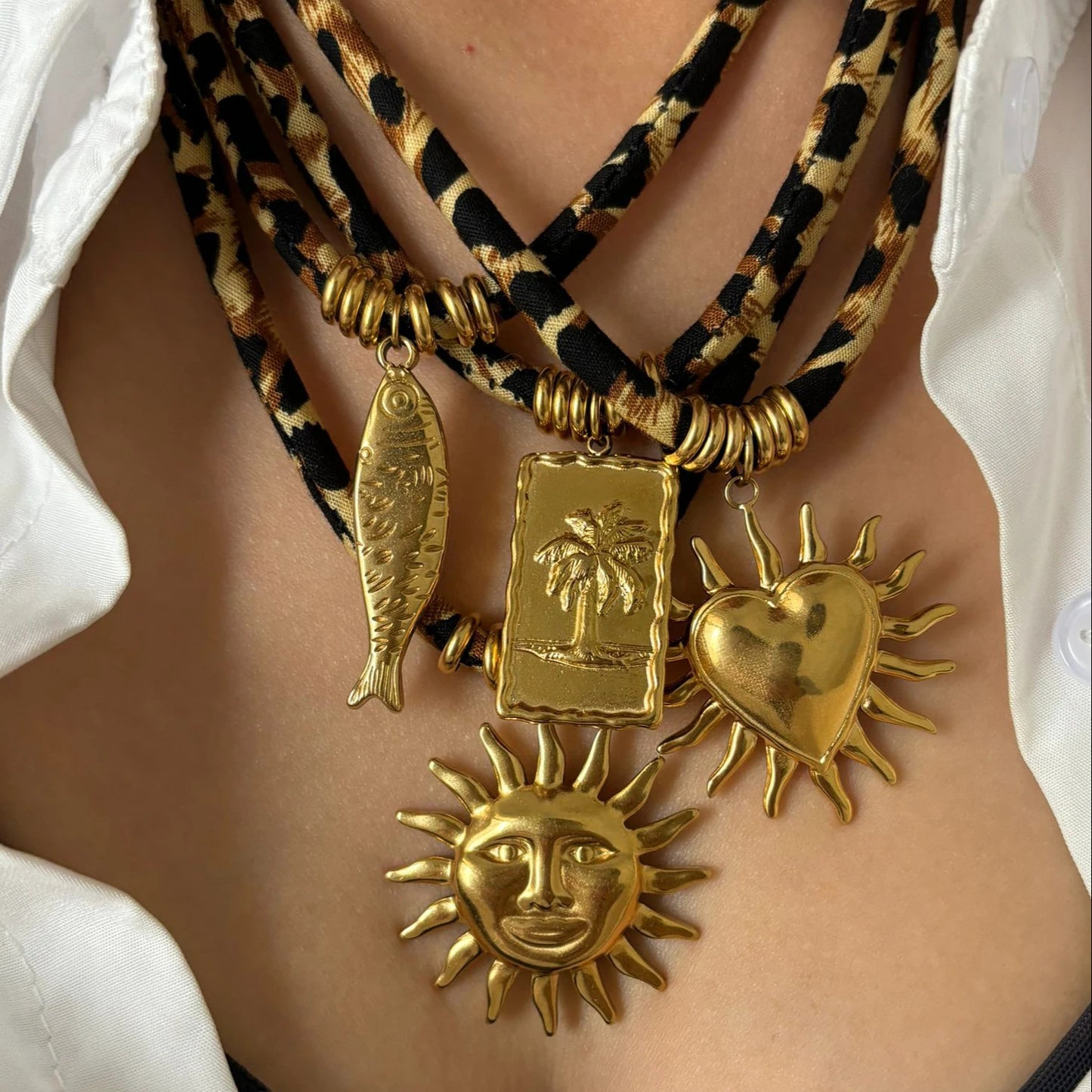 Leopard Print Rope Necklace - Geometric Pendant Fashion Jewelry for Women