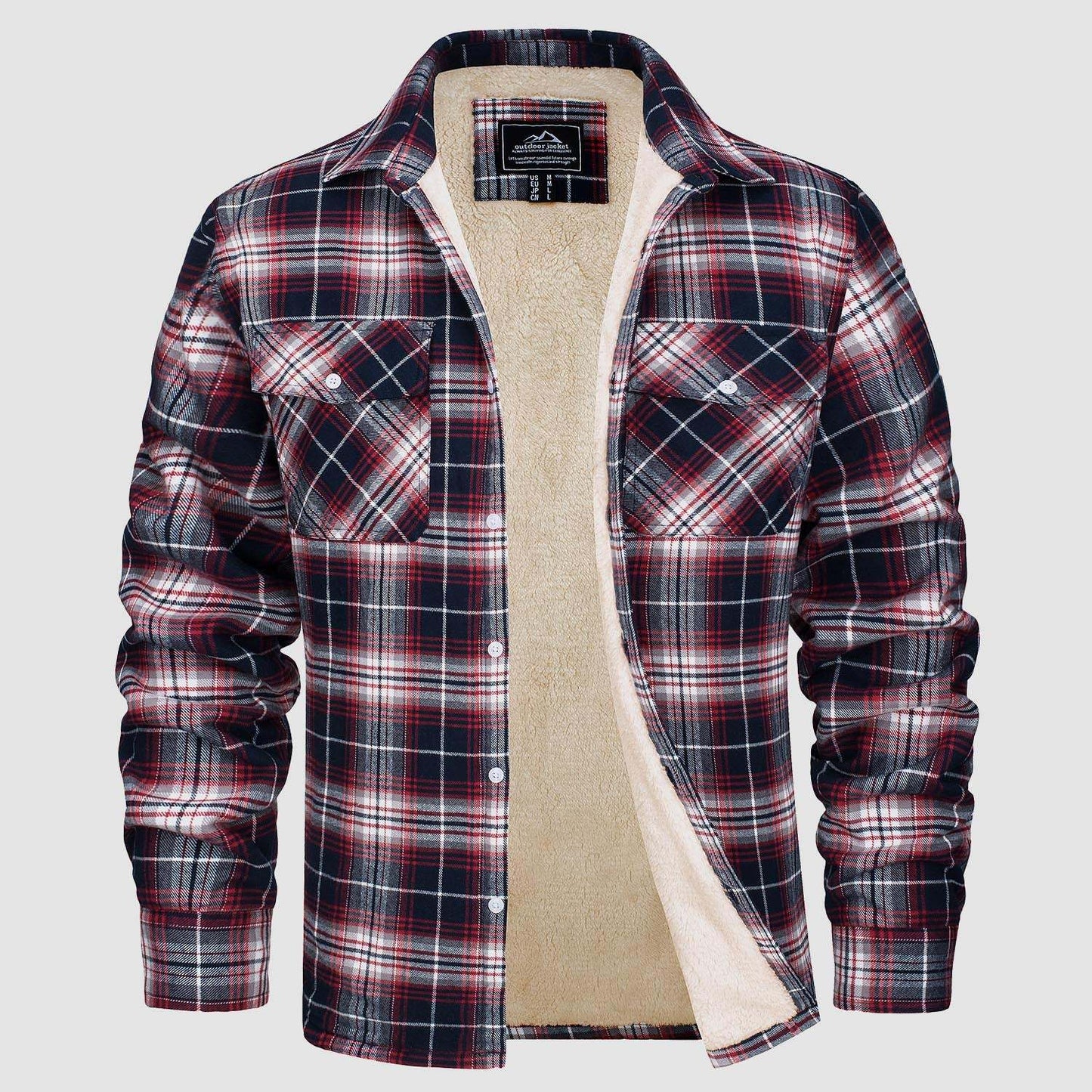 Men's Fleece-Lined Plaid Jacket - Long Sleeve Lapel Collar Winter Coat