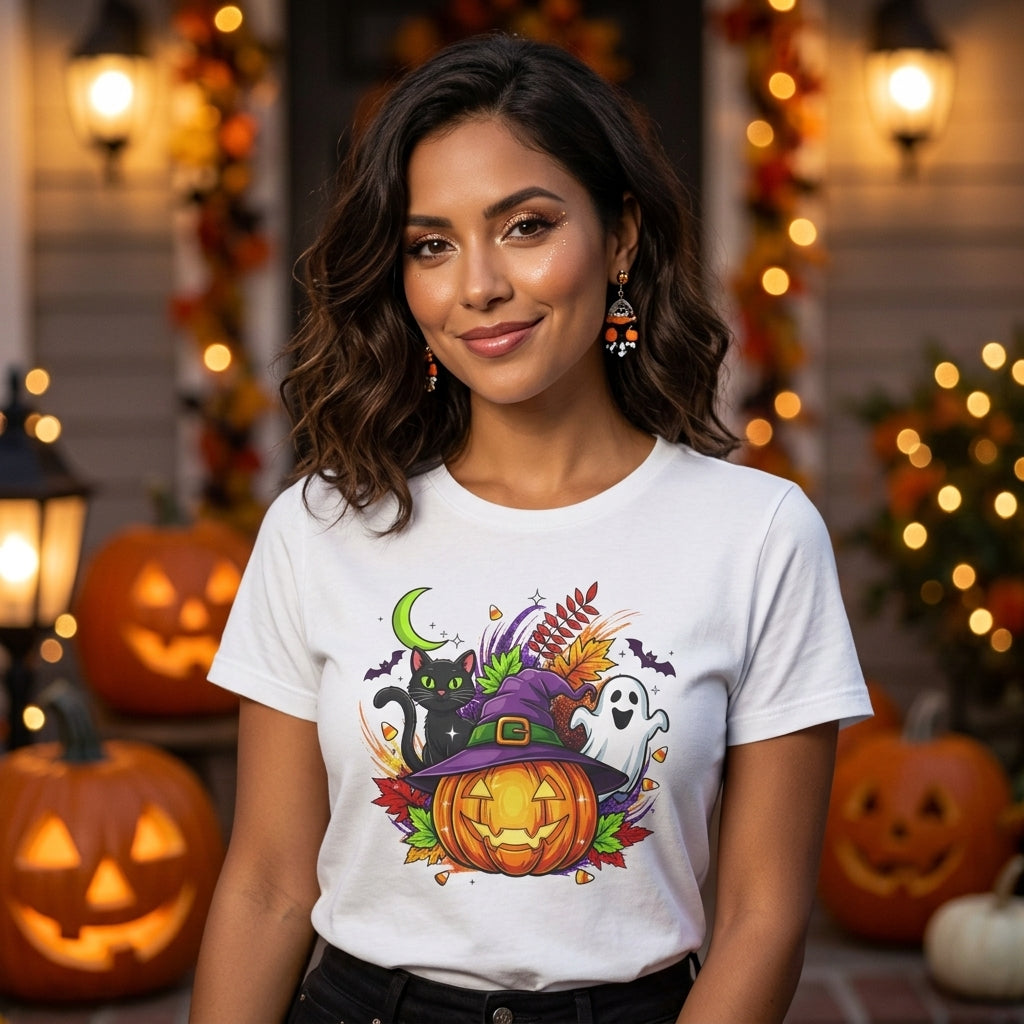 Halloween Graphic T-Shirt | Witch Hat Pumpkin Black Cat Ghost Spooky Tee