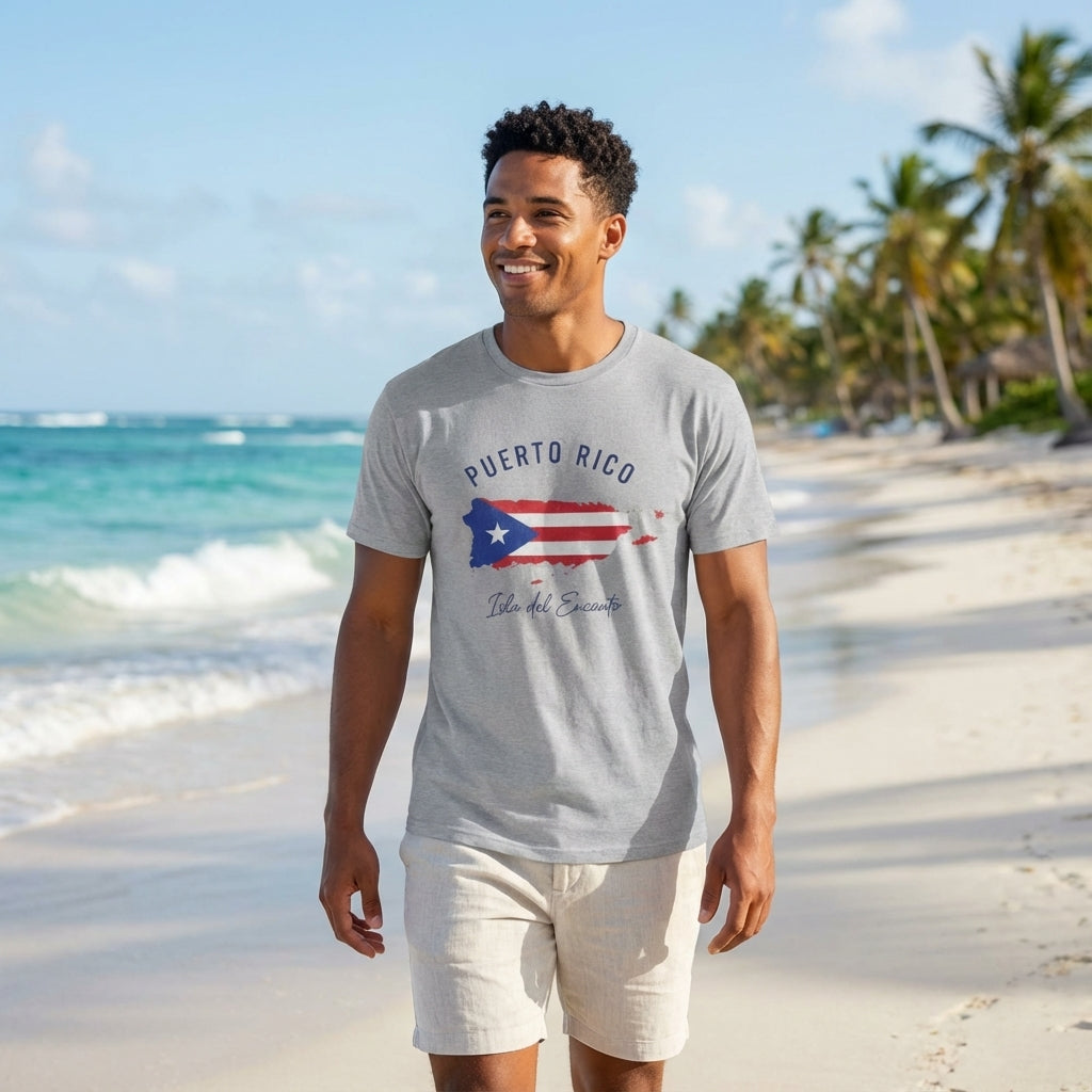 Man wearing a gray t-shirt with Puerto Rico design on a beach