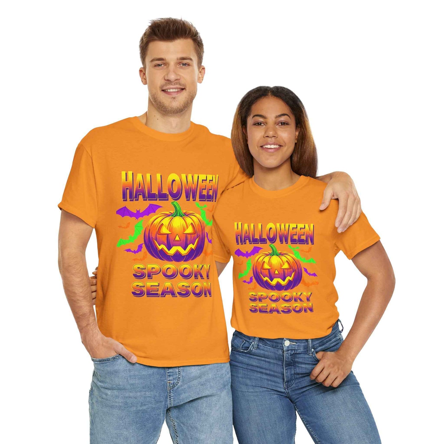 Retro Halloween T-Shirt - Neon Pumpkin & Bats 'Spooky Season' Tee - 80s/90s Style