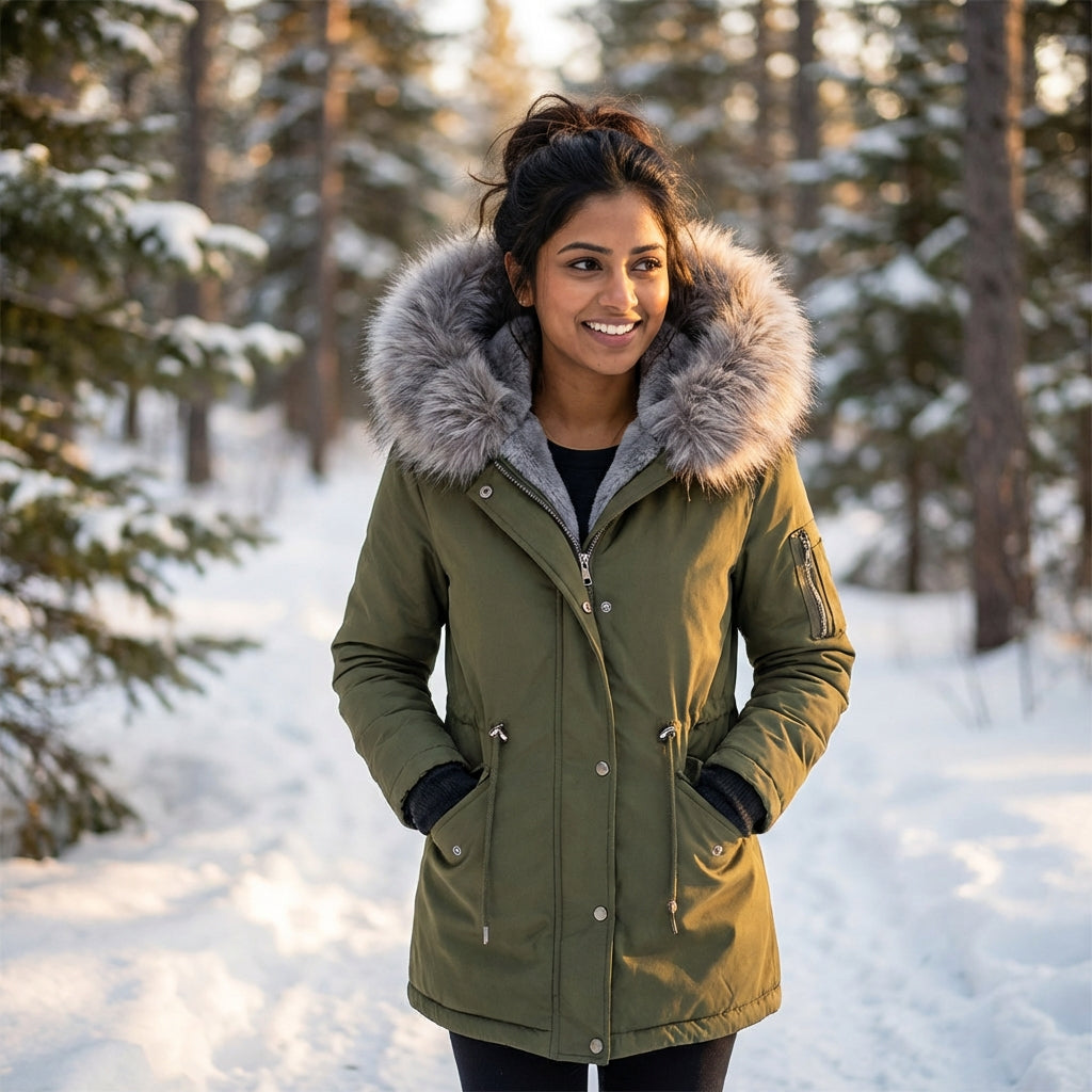 Woman wearing a green parka with a fur-lined hood in a snowy forest.