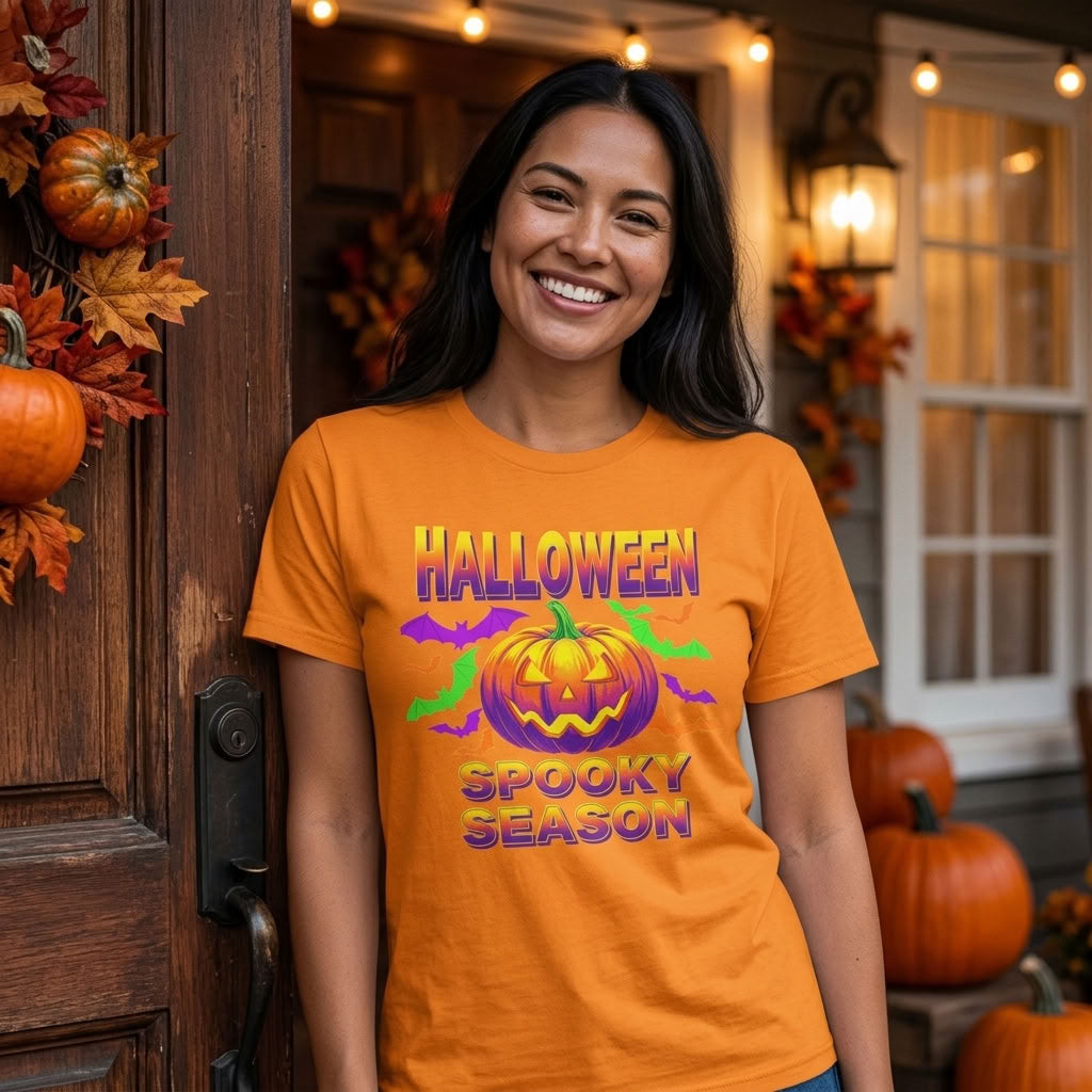 Retro Halloween T-Shirt | Neon Pumpkin & Bats 'Spooky Season' Tee | 80s/90s Style