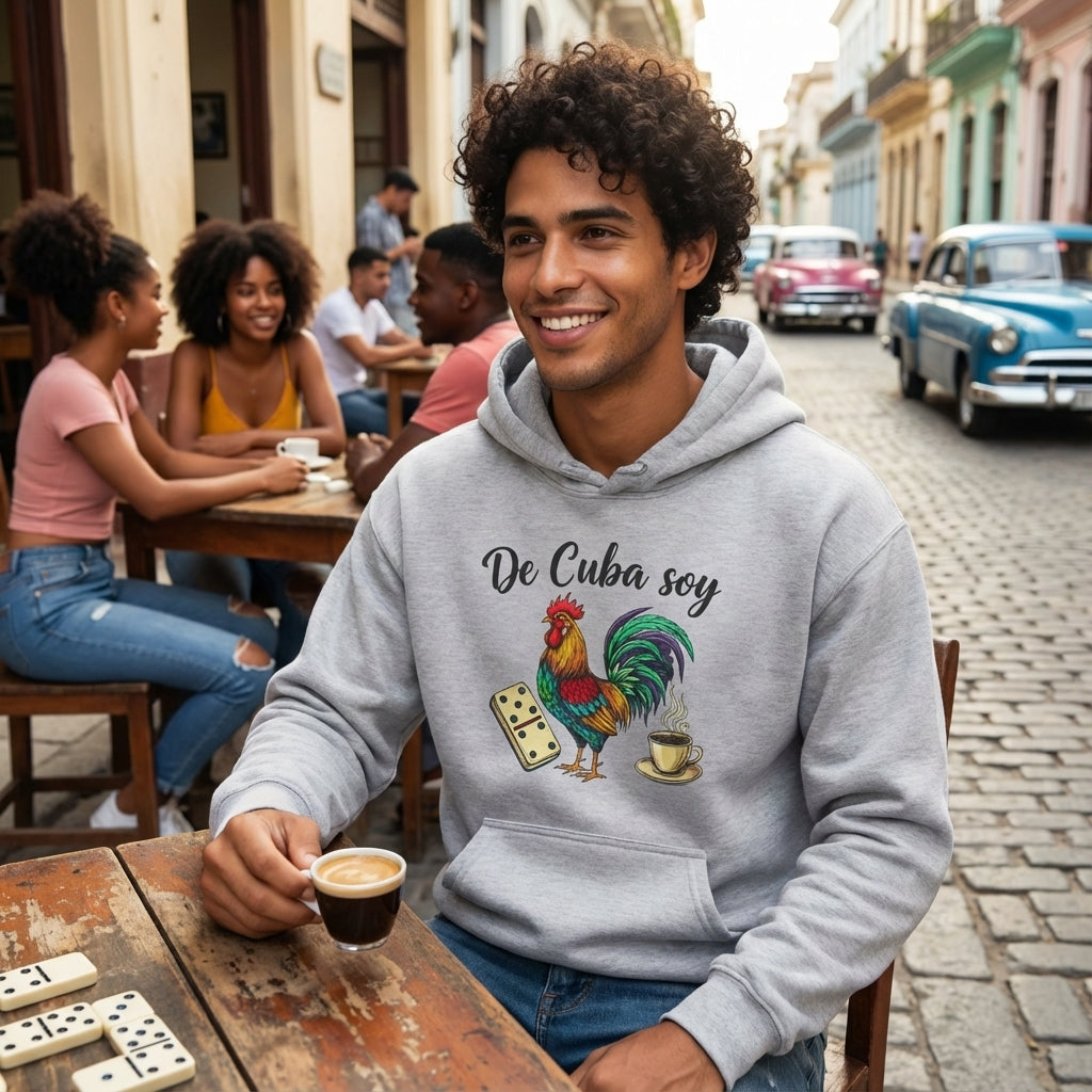 Man wearing a hoodie with a rooster design and 'De Cuba soy' text, sitting at an outdoor cafe.