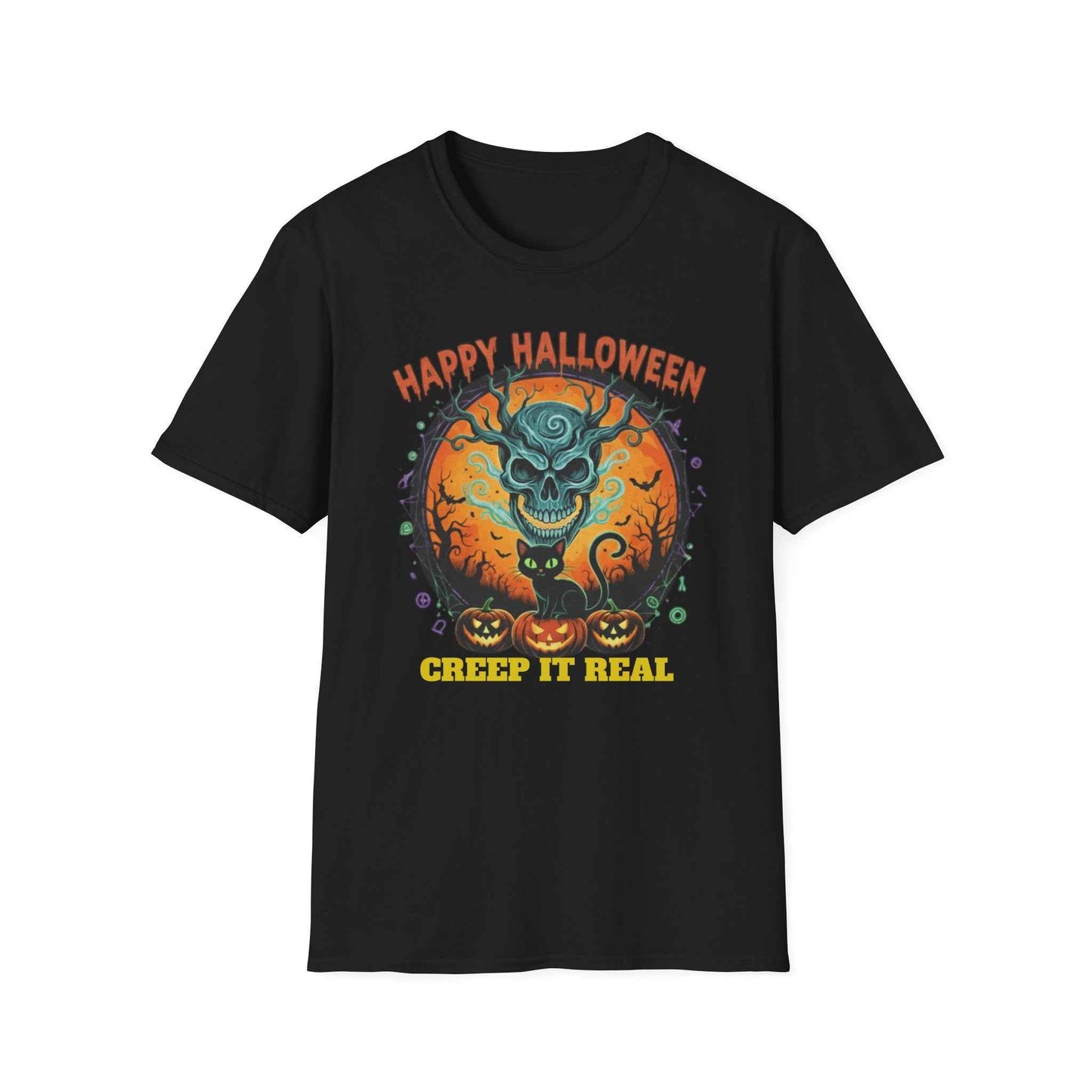 Halloween Skull T-Shirt | Black Cat & Pumpkins | Creep It Real Tee