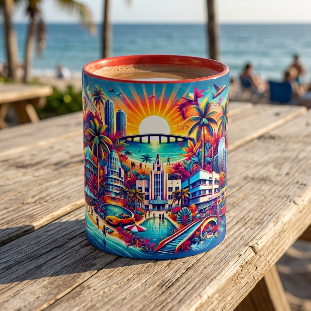 A colorful ceramic mug filled with coffee sits on a wooden beach picnic table, featuring a vibrant tropical cityscape illustration with palm trees, a bridge, and a sunset.
