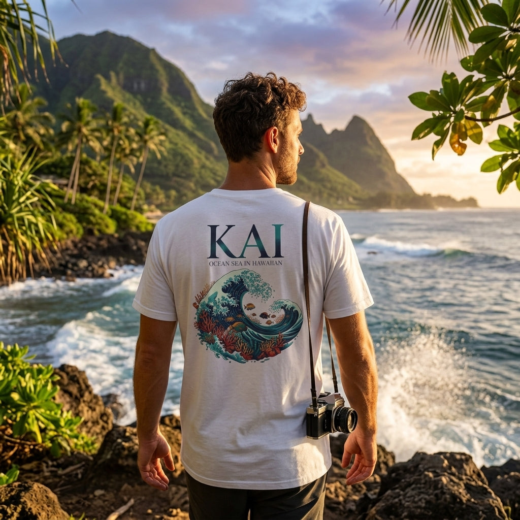 A man stands on a tropical rocky beach at sunset wearing a white graphic T-shirt with the word 'KAI' and ocean-themed artwork on the back, plus a camera around his neck.