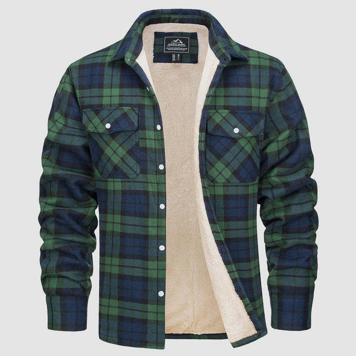 Men's Fleece-Lined Plaid Jacket - Long Sleeve Lapel Collar Winter Coat