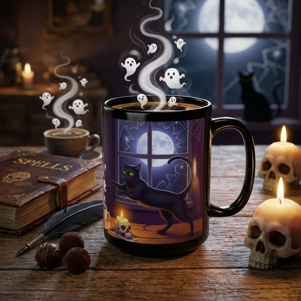 A black ceramic mug with a Halloween-themed illustration of a black cat and ghosts, shown on a rustic wooden table with candles, a skull, and a book.