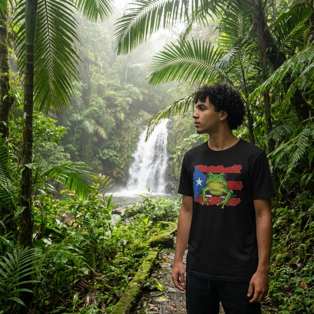 Person wearing a black t-shirt with a graphic design in a lush, tropical forest with a waterfall.