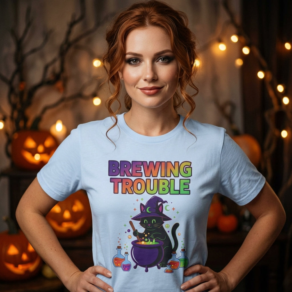 A woman wearing a light blue graphic t-shirt with a colorful 'BREWING TROUBLE' design featuring a black cat and cauldron, posed in front of a warm, Halloween-themed background with pumpkins and string lights.