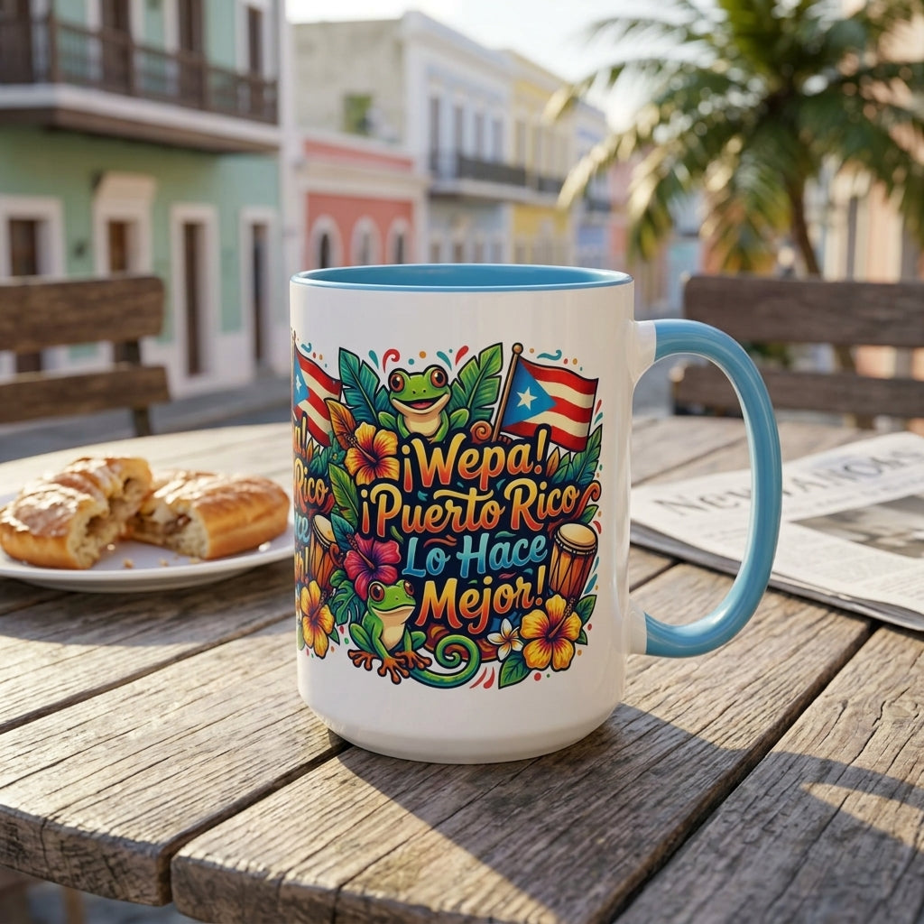 Wepa! Puerto Rico Lo Hace Mejor Accent Coffee Mug | Puerto Rican Flag, Coquí, Floral Design