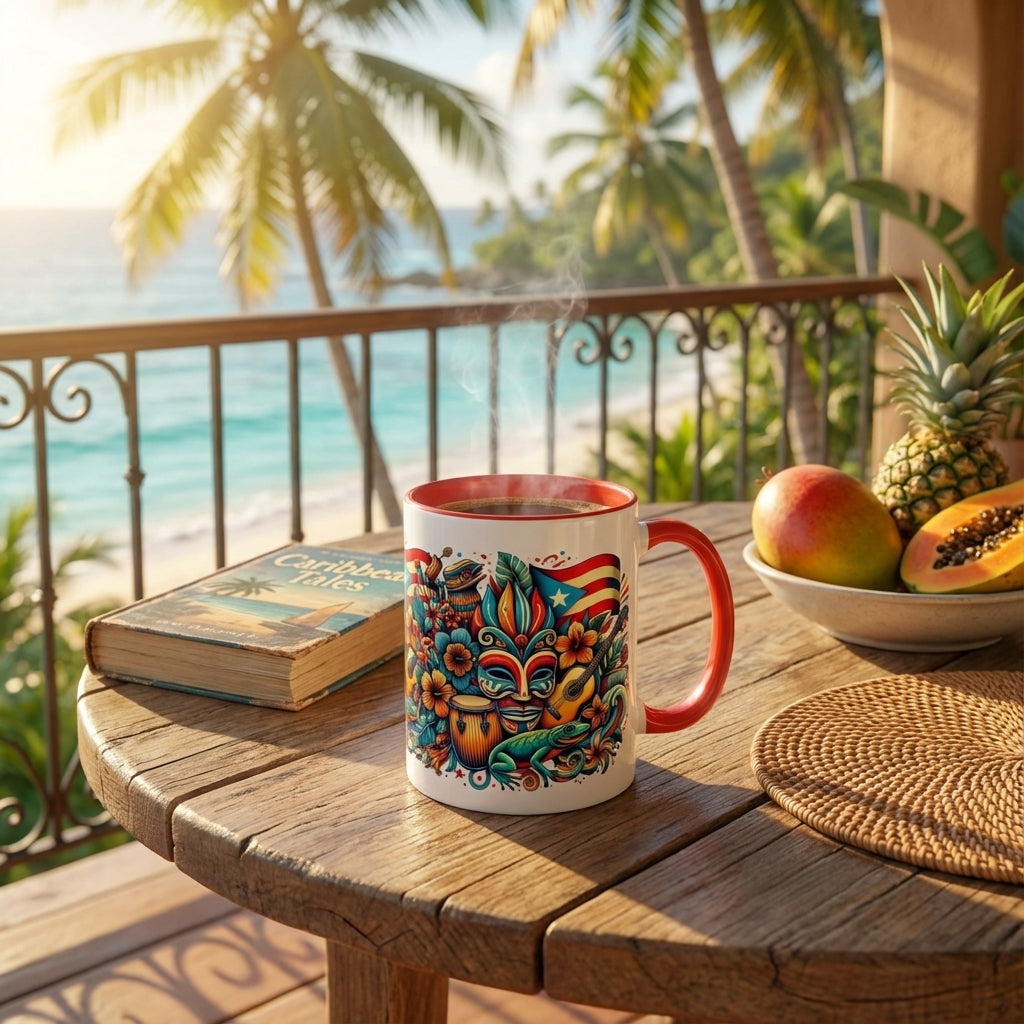 Colorful mug with a decorative design on a wooden table by the beach with palm trees and a bowl of fruit.