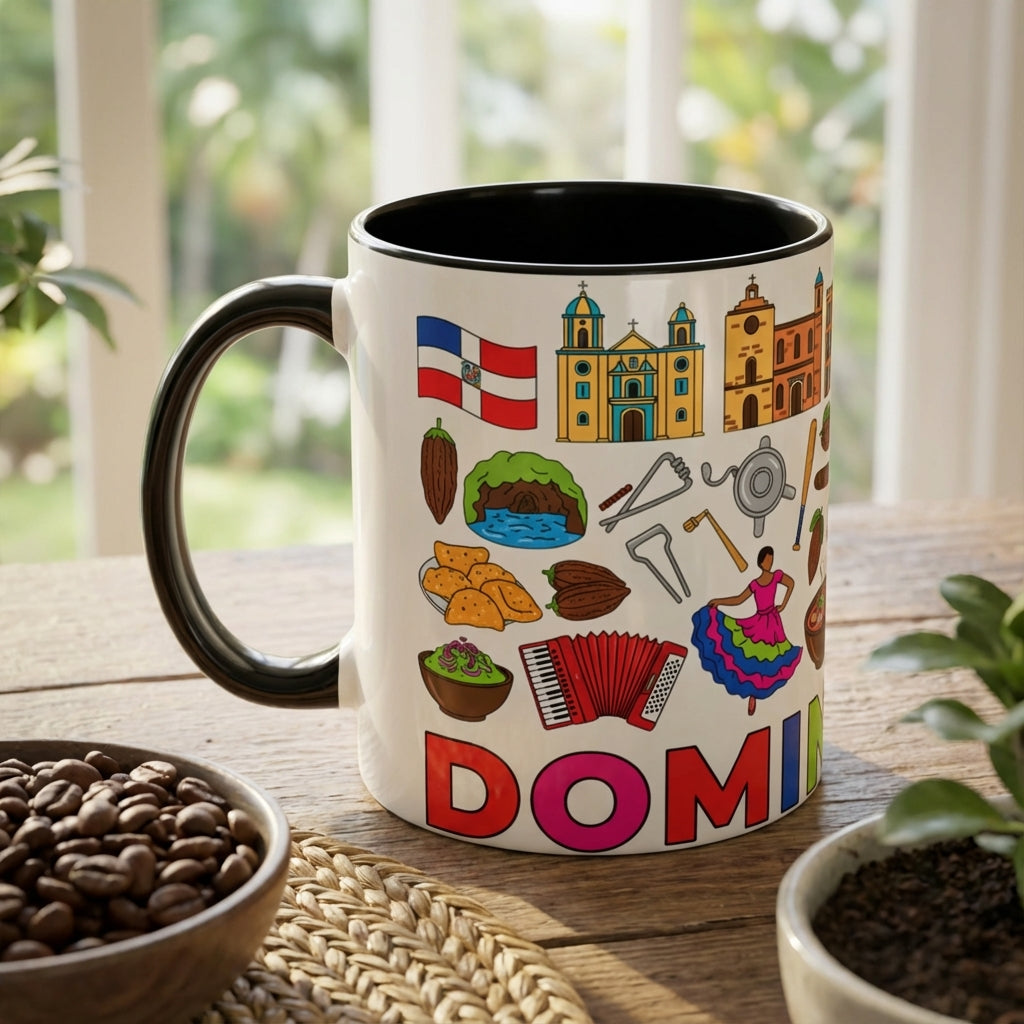 Mug with Dominican Republic-themed illustrations on a wooden surface with coffee beans and plants.
