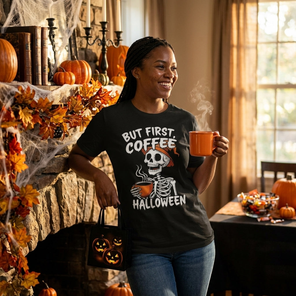 A woman stands in a cozy, pumpkin-decorated room wearing a black graphic t-shirt that reads 'BUT FIRST, COFFEE HALLOWEEN' with a skeleton holding an orange mug. She is holding an orange mug and a small jack-o'-lantern bag.