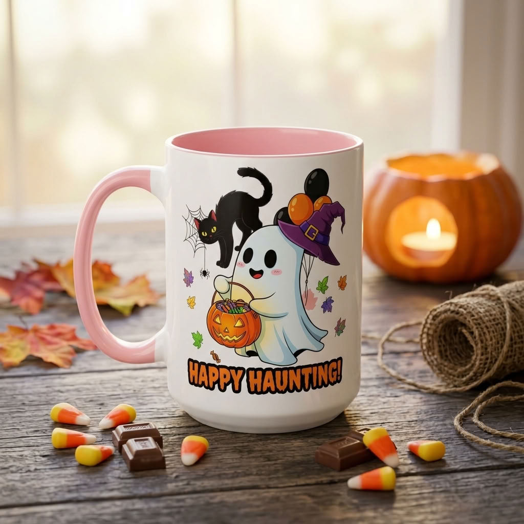 Happy Haunting! Halloween Ghost Coffee Mug | Ghost, Black Cat & Pumpkin Design | 11oz & 15oz