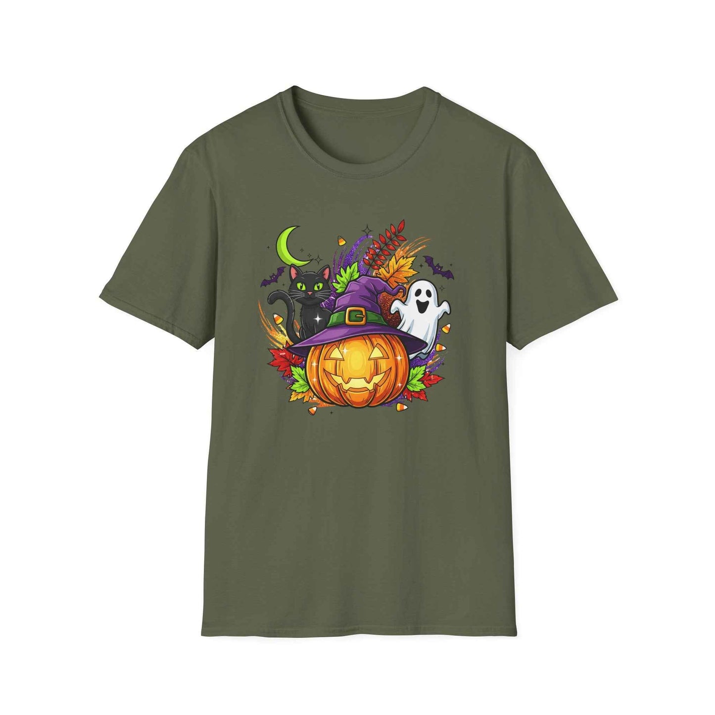 Halloween T-Shirt, Witch Hat Pumpkin, Black Cat and Ghost