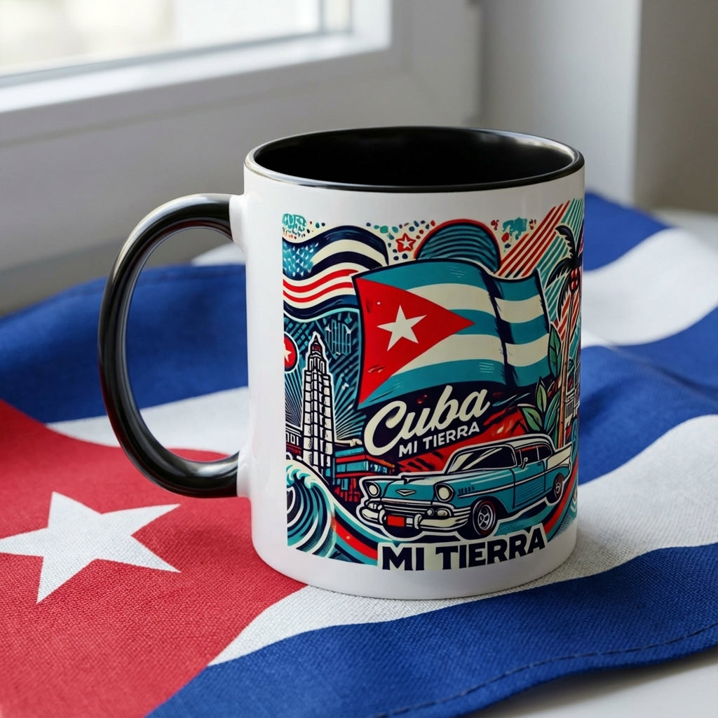 Mug with Cuban design featuring flag and car on a Cuban flag background