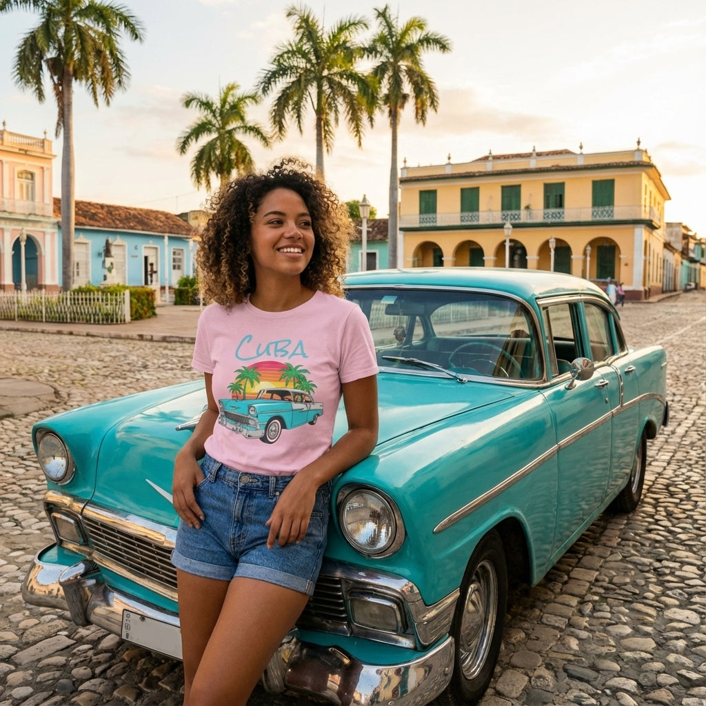 Woman in a pink 'Cuba' t-shirt standing next to a vintage turquoise car on a cobbled street with palm trees and colorful buildings.