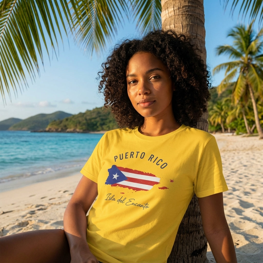 Woman wearing a yellow 'Puerto Rico' t-shirt on a beach with palm trees and ocean in the background