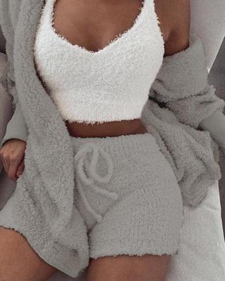 3-Piece Velvet Pajama Set for Women - Crop Top, Long Sleeve & Shorts Loungewear