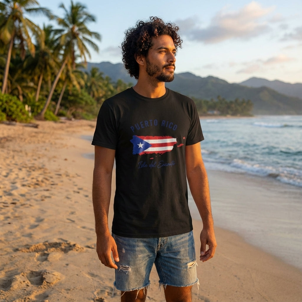Man wearing a black t-shirt with a flag design on a beach with palm trees and mountains in the background.