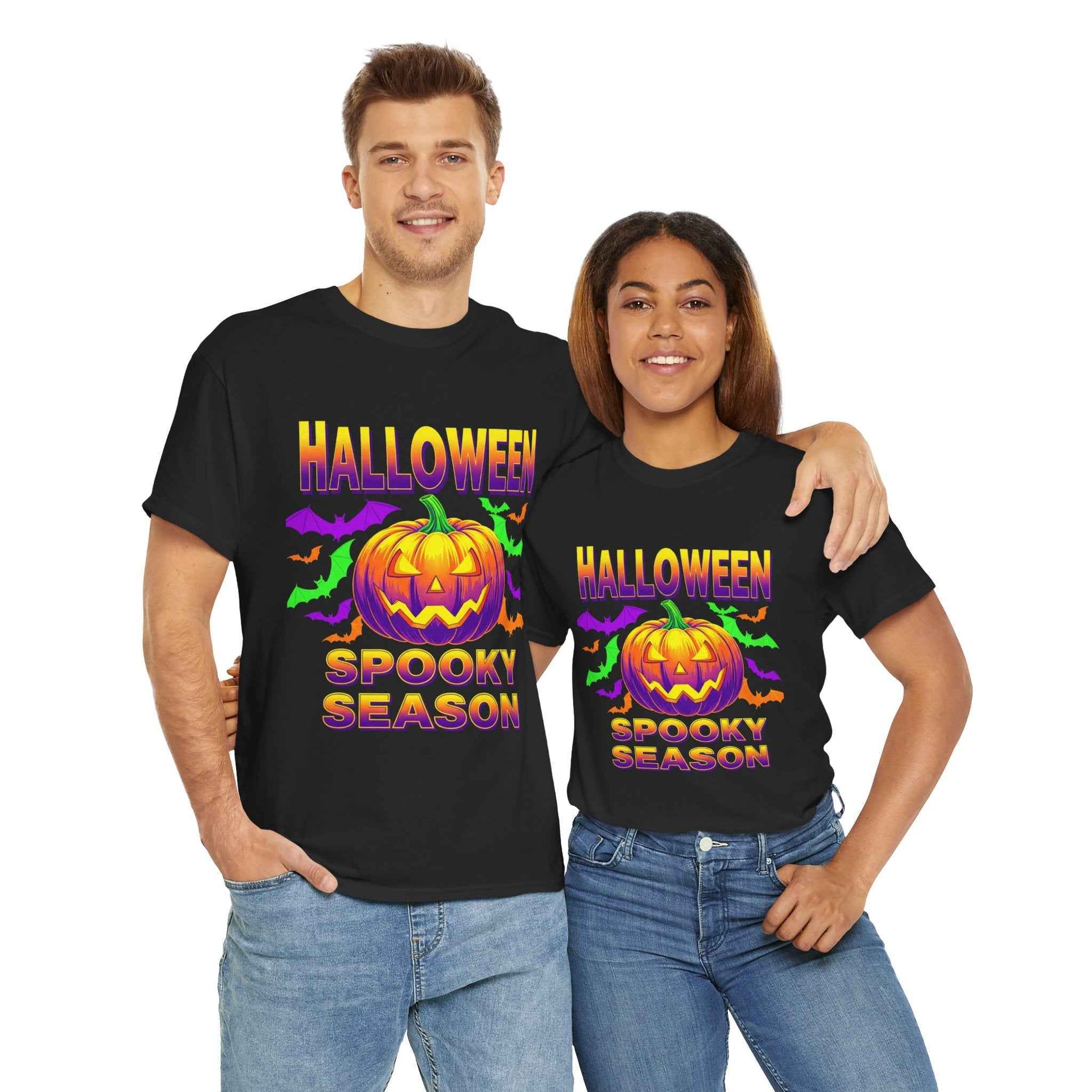 Retro Halloween T-Shirt - Neon Pumpkin & Bats 'Spooky Season' Tee - 80s/90s Style