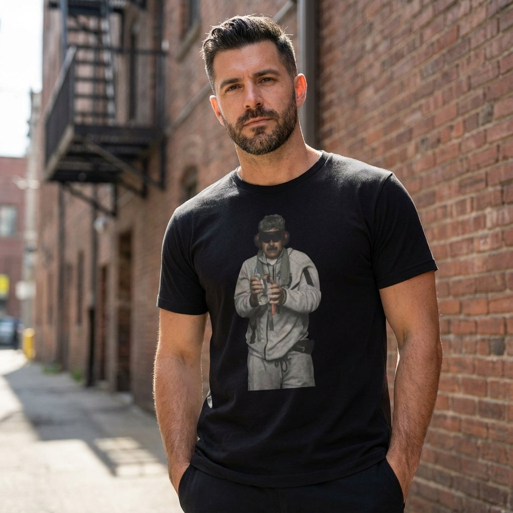 Man wearing a black t-shirt with a graphic design of a person in a trench coat against a brick wall.