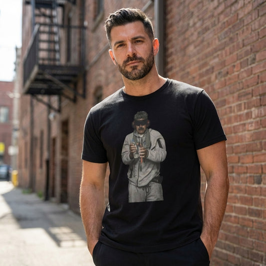 Man wearing a black t-shirt with a graphic design of a person in a trench coat against a brick wall.