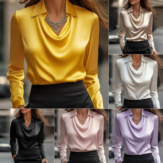 Women's Satin Blouse - Elegant Swing Collar Draped Long Sleeve Office Top